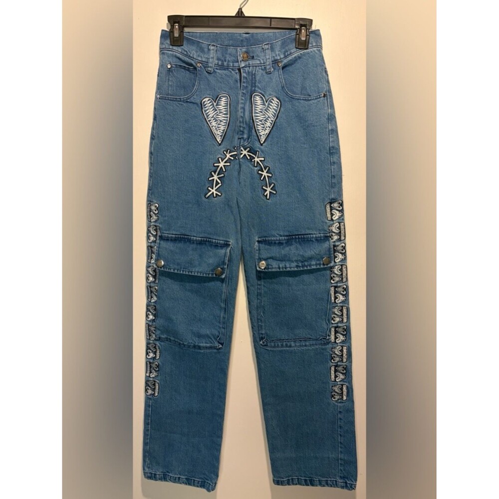 Visions Over Everything Cargo Pockets Embroidered Hearts High Rise Jeans Size 30